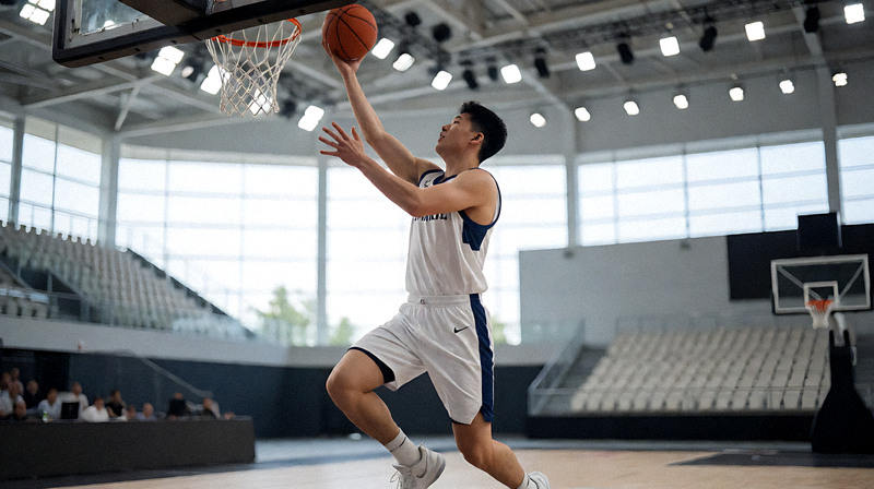NBA篮球比赛现场,球员在篮下完成上篮动作,场馆内灯光聚焦球场