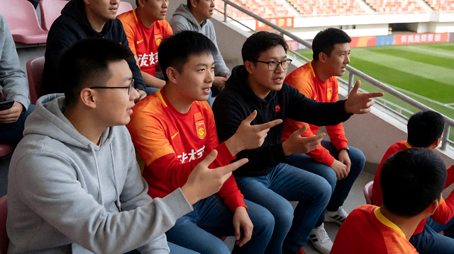球迷在球场看台上观看比赛并相互交流的现场画面
