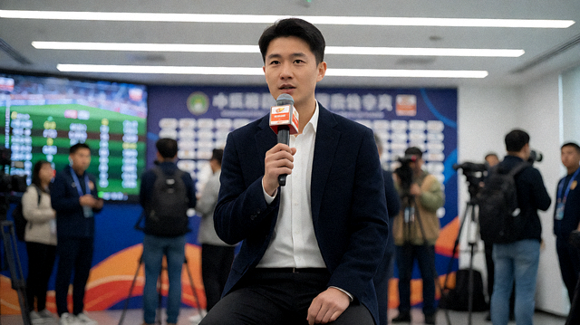 体育新闻发布现场，记者在赛事结束后进行采访